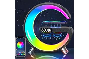 CJBIN Nachttischlampe mit Ladefunktion, Tageslichtwecker mit 15W Wireless Charger, Bluetooth Lautsprecher, App Steuerung Dimmbare Nachtlicht Touch Lampe Alarm Clock mit Musiksynchronisierung - Schwarz