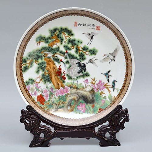 YQOOO Decorative Plate Decoration Hanging Plate Crafts Furnishings Ceramic Six Cranes With Spring