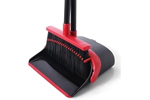 Yocada Besen und Kehrschaufel Set Rot-Schwarz Stand-Kehrschaufel für Innen und Außenbereich mit Kamm Verstellbarer Handhabe für Zuhause Küche Zimmer Büro Lobby Boden Tierhaare Müll