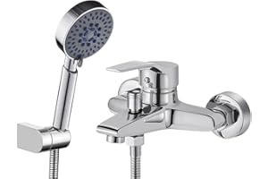 Badewannenarmatur mit Handbrause mit 5 Funktionen, BONADE Chrom Wannenarmatur Badewanne Wasserhahn inkl. Wandhalterung und 150 cm Brauseschlauch für Badezimmer Dusche