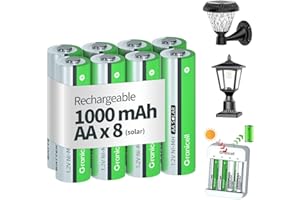 Granicell Rechargeable Batteries 8 PCS, 1.2V, 1000mAh AA Solar Batteries, Pre-Charged, High Capacity Double A Ni-MH Battery, Ideal for Solar Lights, String Lights and Household Equipment