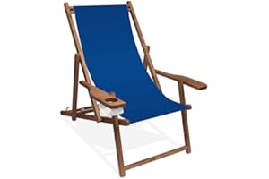 PROMO TRADE Holz-Liegestuhl mit Armlehne und Getränkehalter, Klappbar, mit dunkelbrauner Lasur, Wechselbezug (Königsblau)