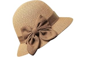 JIHUOO Straw Cloche Hat Summer Bowler Hat Sun Church Hat 1920s Vintage Bucket Hat Foldable Beach Hat with Bow for Women