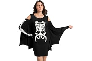 Glimnerize Halloween Dress Women Bat Wing Cold Shoulder Costume Long Sleeve Skeleton Print Ghost Motiv Dress S-XXL