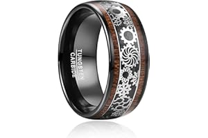 TUNGSTORY 10mm Bague Steampunk en Tungstène pour Homme Femme, Alliance de Mariage avec Motif d'Engrenage, Bois, Argent Noir Taille 54.4(17.3)-72(22.9)