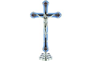 Catholic Gift Shop Ltd Silver Standing Metal Crucifix with Blue & Red Enamel (12420)