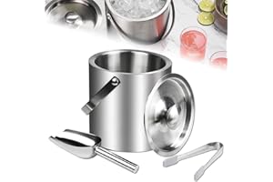 SCHYIDA Cubitera para Hielo de Acero Inoxidable de 2L Cubitera de Hielo Portátil con Tapa Cuchara y Pinza Cubitera Aislante de Doble Pared para Enfriar Refrescos para Reuniones Fiestas al Aire Libre