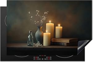 KitchenYeah© Protection Plaque Induction 81x52 cm Protege Deco Cuisine Cache Protège De Cuisson Accessoires Bougies - Nature Morte - Rustique - Livres