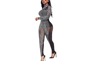 MISSMAO Femme Combinaison élégante à Manches Longues avec Strass et Sequins