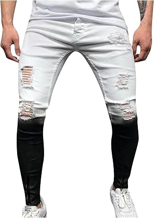 Jeans da uomo slim fit, pantaloni skinny con strappi sulle ginocchia, jeans  da uomo strappati con sfumature nero-bianco-denim, casual, con chiusura  lampo bianco : Amazon.it: Abbigliamento