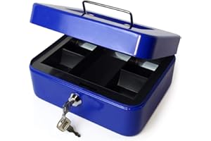 iGadgitz Home U7172 Petty Cash Box with Keys and Coin Tray, Petty Cash Tin, Money Tin -Blue -8" (20cm)