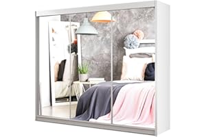 IE INTERIOR EMPORIUM Milan Full Mirror Double Sliding Door Wardrobe (or three in the 250cm size) With Shelves, Hanging Rails and LED Light in 6 Sizes & 4 Colors (250cm, White)
