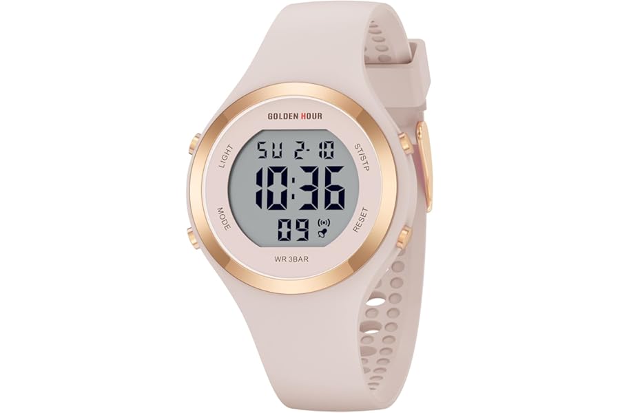GOLDEN HOUR Digital Ladies Watches 5ATM Waterproof Sport Womens Watch with Luminous/Date/Week/Month Chronograph, Silicone Strap Swimming Watch for Women