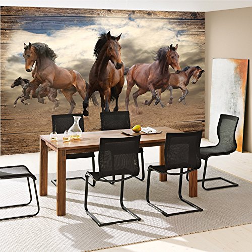 Vlies Fototapete PREMIUM PLUS Wand Foto Tapete Wand Bild Vliestapete – Pferde Hengste Galopp Holz – no. 3221, Größe: 312 x 219 cm Vlies - 8