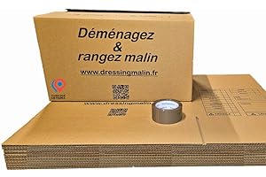DRESSING MALIN Lot de 20 cartons de déménagement 55x35x30 cm + rouleau adhésif havane – Cartons solides et résistants, faciles à monter – Idéal pour emballage, stockage, expédition, rangement – Recyclables