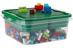 OGANAZI Plastic Building Block Storage Box Containers with Sorting Tray and Building Plate Lid for Interlocking Accessories, Lego Box Storage, Green, 24*24*11cm