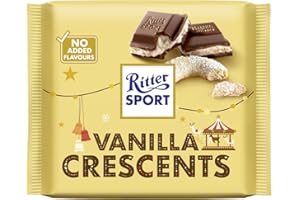 RITTER SPORT Vanilla Crescents, Tavoletta di Cioccolato al Latte Ripieno con Pezzetti di Biscotti alla Vaniglia, Cacao 100% Certificato Sostenibile, 100 g