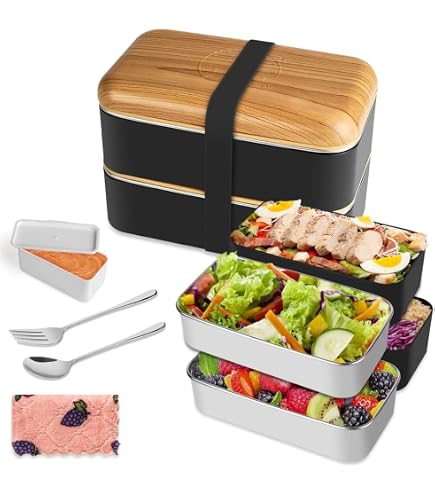 NUZAMAS Bento Box e posate in acciaio inox 304, a 2 strati, a prova di