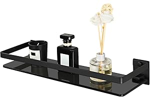 SAYAYO Black Bathroom Shelf Wall Mounted Tempered Glass Shelf, Shower Storage Matte Black with SUS304 Stainless Steel Rail for Kitchen, 38CM Length