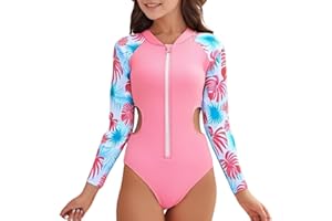 Xumplo Traje de baño de una pieza para niñas adolescentes, manga larga, con cremallera, traje de baño floral