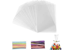 KIPERLINE 200 Pièces Sachet Bonbon, 25x15 cm Sachet Plastique Transparent Sacs Cellophane avec 200 Rubans Métalliques Pour Bonbons, Biscuits, Pain, Fruits, Etc. Parfaits Pour Les Fêtes De Cadeaux