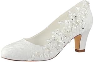 Emily Bridal Wedding Shoes Women's Silk Like Satin Chunky Heel Pumps with Stitching Lace Flower Crystal Pearl