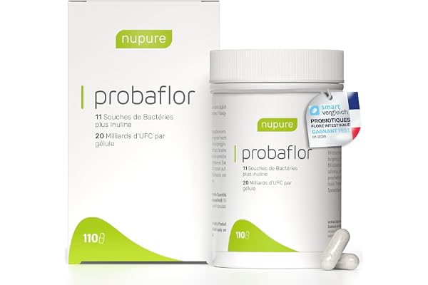 Nupure® Probaflor 110 gélules, contenant 20 milliards d'UFC, 11 souches bactériennes spéciales, avec inuline et Lactobacillus salivarius SP2, mieux protégé grâce à une boîte spéciale, végétalien
