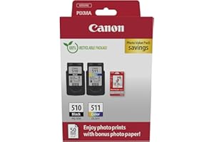 Canon Multipack Cartuccia & Carta - 2 Cartucce per Stampante Originali PG-510/CL-511 (1 x Nero, 1 x Colori) & 4x6 Carta Fotografica (50 x Fogli)