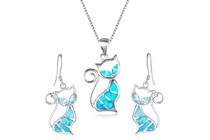 HELENA ROSE JEWELLERY Cute Cat Pendant Necklace & Earrings Matching Set For Women - Ladies Silver Plated Crystal Jewellery with Gift Box
