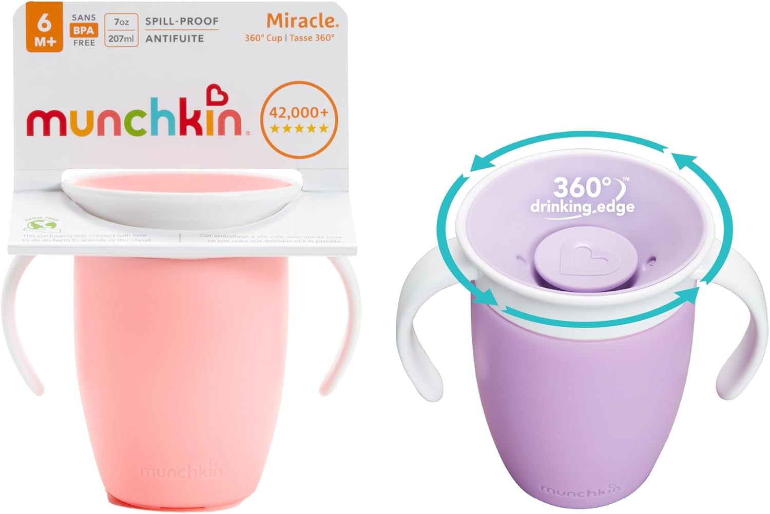 Munchkin Miracle 360 Sippy Cup | Trainer Toddler Cup | BPA Free Baby & Toddler Cups w.Handles | Non Spill | Dishwasher Safe Baby Cup | Leakproof | 6+ Months | 7oz/207ml | 2 Pack |Pink/Purple