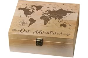 arricraft 1 Pcs Wooden Memory Keepsake Boxes, 24.5x19.5x10.3cm Worldwide Map Wooden Box with Lids Our Adventures Storage Decorative Box for Souvenirs Photos Letter Postcards