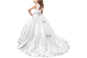 FYMNSI Vestito da Prima Comunione per Bambini Ragazza di Fiori Maxi Abito Lungo Tulle Vintage Pizzo Principessa Senza Maniche Abito da Cerimonia Formale Nuziale Damigella d'Onore 2-13 Anni