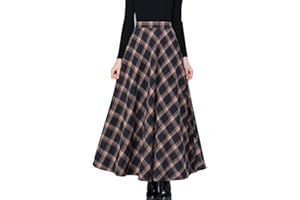 ARTYKEY Jupe Longue Femme Hiver Vintage Élégant Taille Haute Carreaux Taille élastique Maxi Jupe Laine Chaud A-Line Plissée Jupe Casual Party S-3XL