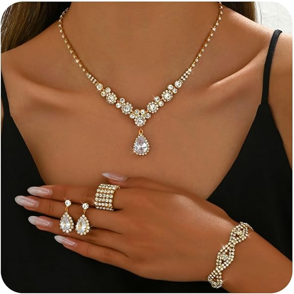 Acquista Set di gioielli da sposa arabi, orecchini da donna con fiori vuoti, collana, braccialetto, collana da sposa in cristallo con goccia d'acqua in Italia a partire da 10