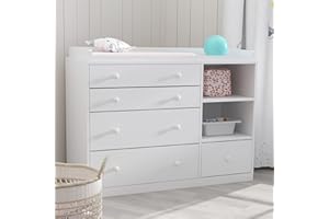 PREMTURE Cambiador para niños, cambiador con 5 cajones, cómoda para niños con 2 compartimentos, muebles para niños, cambiador para dormitorio, color blanco, 120 x 50 x 91,5 cm
