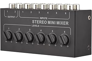 Btuty 6-kanałowy mikser stereo pasywny, mikser audio Rca, 6 wejść i 2-wyjściowy dystrybutor stereo, regulacja głośności, nie wymaga baterii
