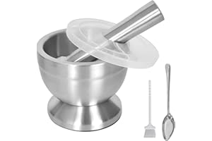 KYSUN Zestaw tłuczek i moździerz ze stali nierdzewnej, tłuczek i moździerz kuchenny, moździerz ze stali nierdzewnej, zestaw moździerza i tłuczka z plastikową pokrywką, szczotką i łyżką