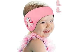 FUNYORD Bandeau de Piscine pour Oreilles d'Enfant, Bandeau Élastique en Néoprène avec Bouchons d'Oreille pour la Natation et Autres Sports Nautiques (Rose, M)
