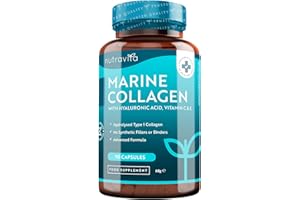 Marine Collagen 1000mg Enhanced with Hyaluronic Acid 100mg - 90 Super Strength Capsules - Hydrolysed Collagen Supplements - Vitamin C, Vitamin E, Vitamin B2, Zinc, Copper - Made in The UK by Nutravita