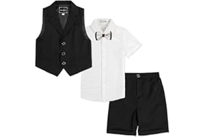 LOLANTA 4-Piece Kids Waistcoat Suit, Boys Wedding Party Shorts Set, Page Boy Outfit, Shirt, Bow Tie, Shorts, Waistcoat