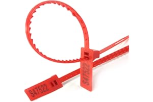 WUBAO(R) 100 X Red Security Tags Numbered Pull Ties Secure Anti-Tamper Seals Adjustable Length Toothed Plastic Label for Container Parcel