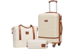 COOLIFE Koffer Set 3-TLG: Handgepäck + Reisetasche | ABS Hartschale Leicht, 360° Räder & TSA-Schlösser Für Europa, Kreuzfahrt & Auslandsstudium – Familienurlaub Essentials Weiß/Braun