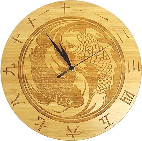 Two Fish Ying Yang Design Wall Clock - Choice Of Two Wood Types (Bamboo)