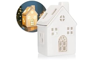 com-four® Casa LED de Porcelana - casa de luz Que Funciona con Pilas - casa de luz Decorativa Blanca Brillante para decoración navideña e Invernal (Casa - 13cm)