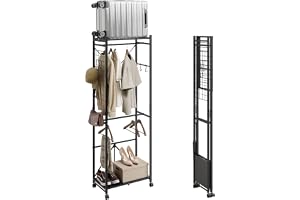 SoBuy Hopfällbar smal klädhängare med hjul, 60,5x32,5x175 cm | med skohylla, krok och bagageställ för sovrum hall tvättstuga