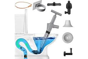 NewFree Toilet Plunger Gray, High Pressure Plunger Kit with Real-Time Barometer, Stainless Steel Air Drain Blaster Gun with 4 Replaceable Heads and 3 Hair Cleaner, for Sink/Floor Drain/Pipe Clog