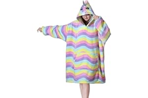 Queenshin Oversized Felpa Coperta Indossabile con Cappuccio da Donna Unicorno Arcobaleno, Coperta con Maniche Super Morbida e Calda in Pile Sherpa per Donna, Taglia Unica