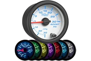GlowShift White 7 Color 30 PSI Turbo Boost/Vacuum Gauge Kit - Includes Mechanical Hose, T-Fitting & Wiring - Multi-Color Display - White Dial - Clear Lens - for Car & Truck - 2-1/16" 52mm