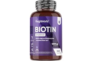 ‎WEIGHTWORLD Biotin Tabletten - 12.000mcg je Portion - 365 vegane Tabletten - Biotin trägt zur Erhaltung normaler Haut und normaler Haare bei (Laut EFSA) - 1 Jahr Vorrat - Bekannt als Vitamin B7 - WeightWorld