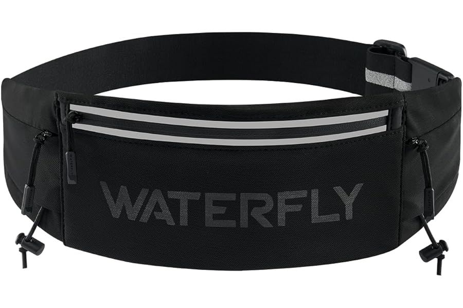 Waterfly Running Belt Bum Bag: Breathable Slim Waist Bag Phone Holder with Marathon Number Clip for Runners Jogging Exercise - Anti Theft Travel Wallet for Women Men Waistband Black